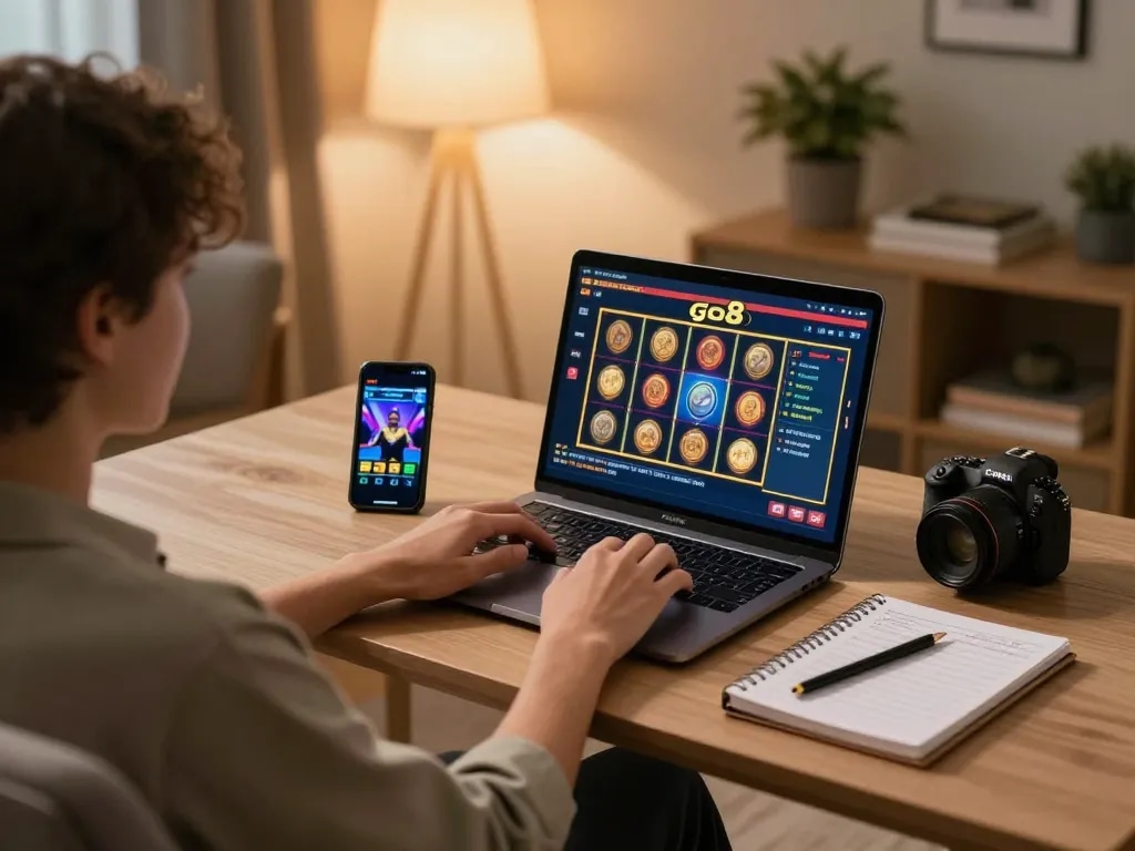 Player engaging with a go8 online slot game on a stylish home desk, illuminated by warm lighting.