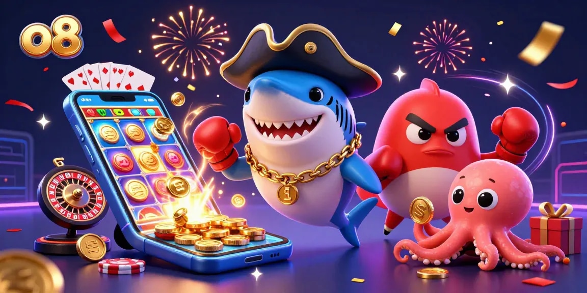 Engage in exciting games at o8 while enjoying a dynamic 3D casino scene with vibrant characters.