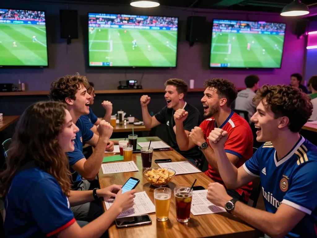 Enthusiastic friends celebrate football match at the 1gom sports lounge with betting slips and screens.