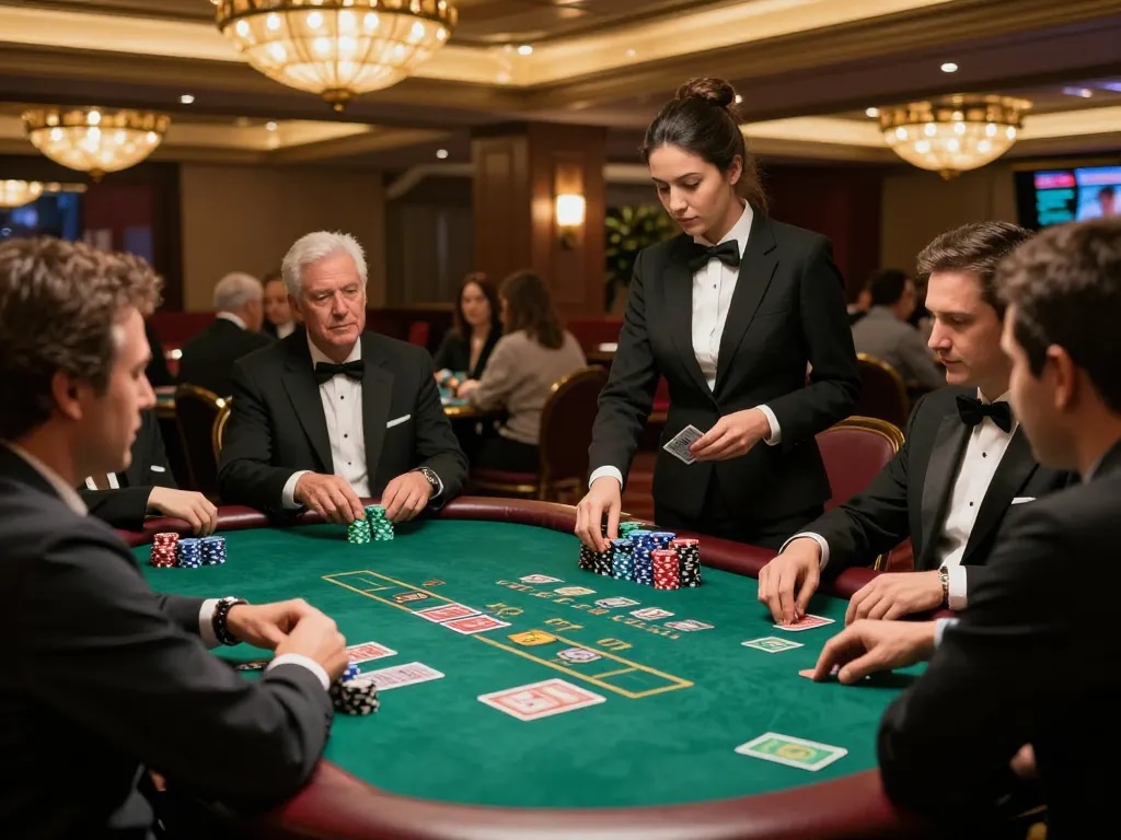 A vibrant blackjack game scene highlighting interaction and excitement at https://xo88.farm/ with players engaged and a dealer dealing cards