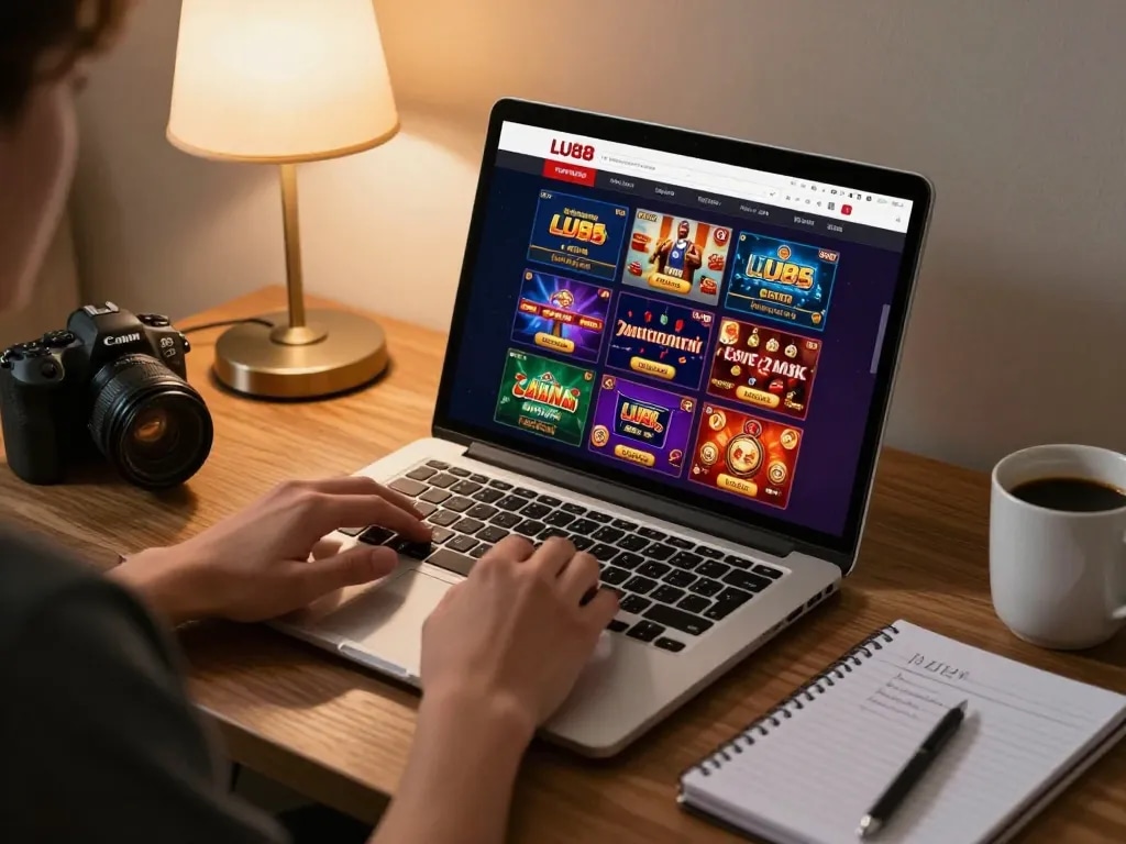 Engaged user playing LU88 online casino games on laptop with strategies handy.