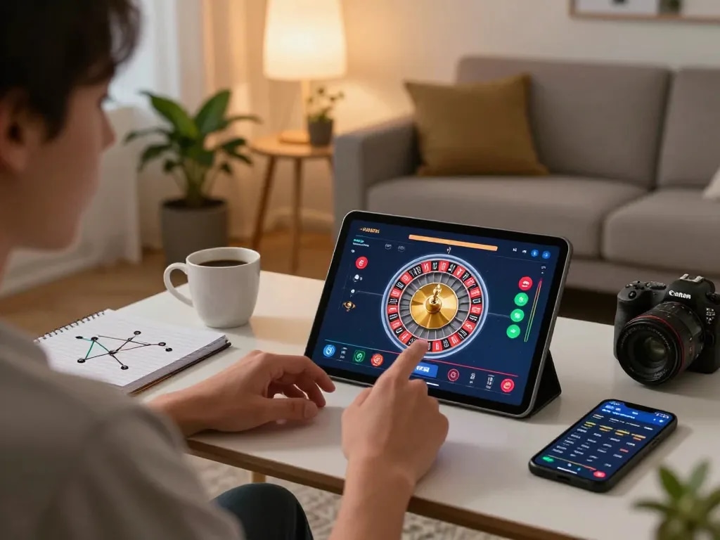 Engaging in online roulette on a tablet in a cozy home setting at com