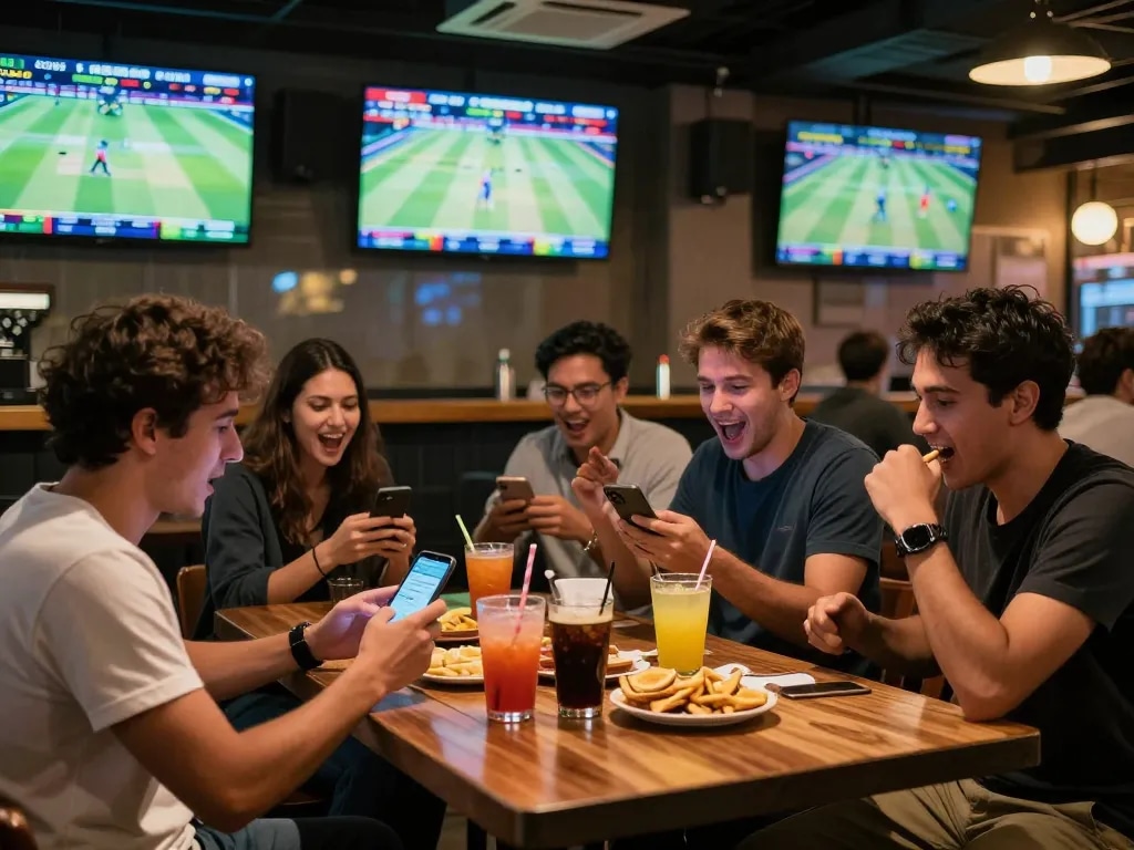 Fans enjoying sports betting at VS555 on smartphones while watching live matches
