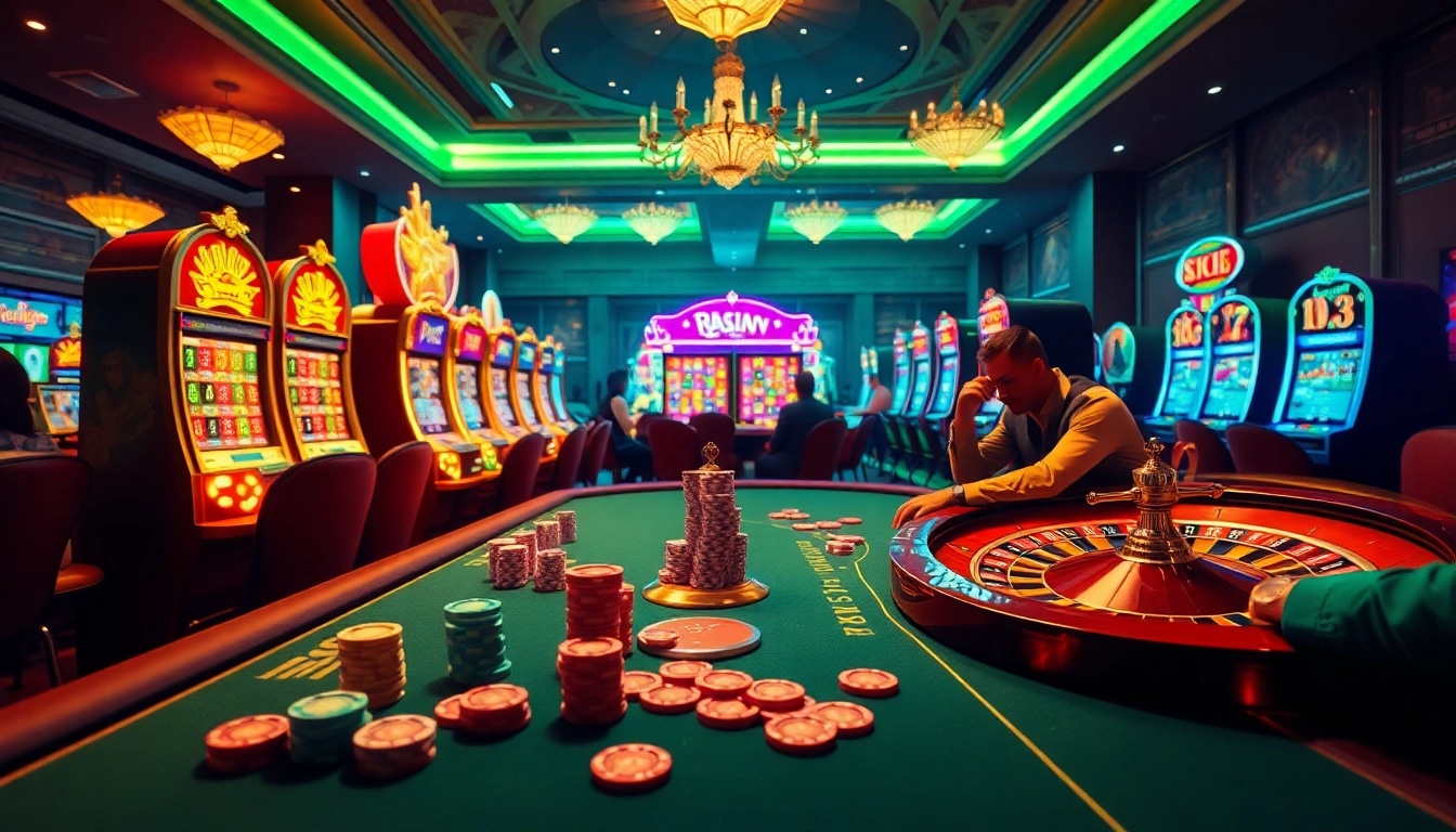 Experience thrilling gameplay at https://11win.mobi/ with a luxurious casino scene featuring poker, roulette, and slot machines.