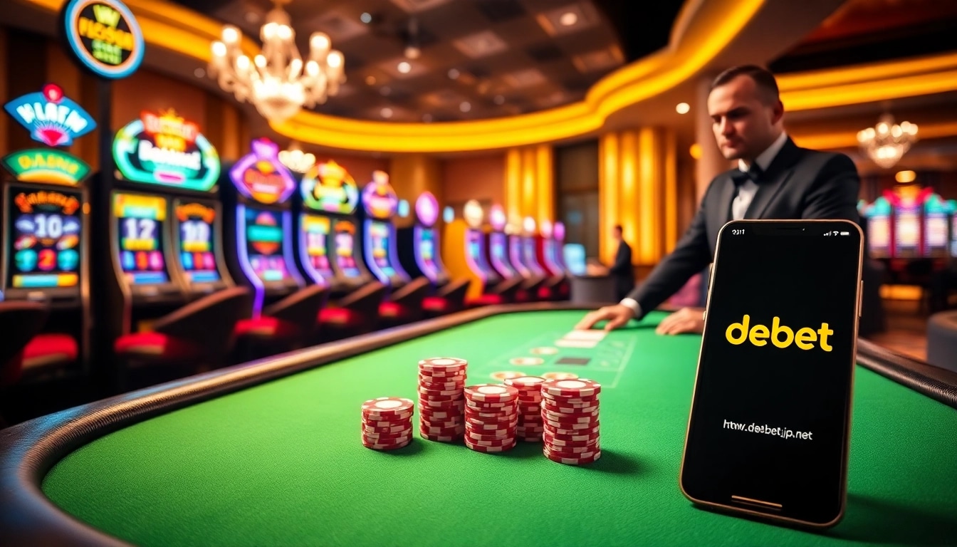 Bet big at https://debet.jp.net/ with a luxurious poker table and vibrant slot machines.