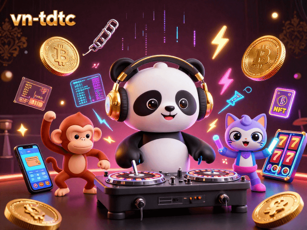 Experience the thrill of vn-tdtc with a lively 3D casino scene featuring vibrant characters and crypto elements.