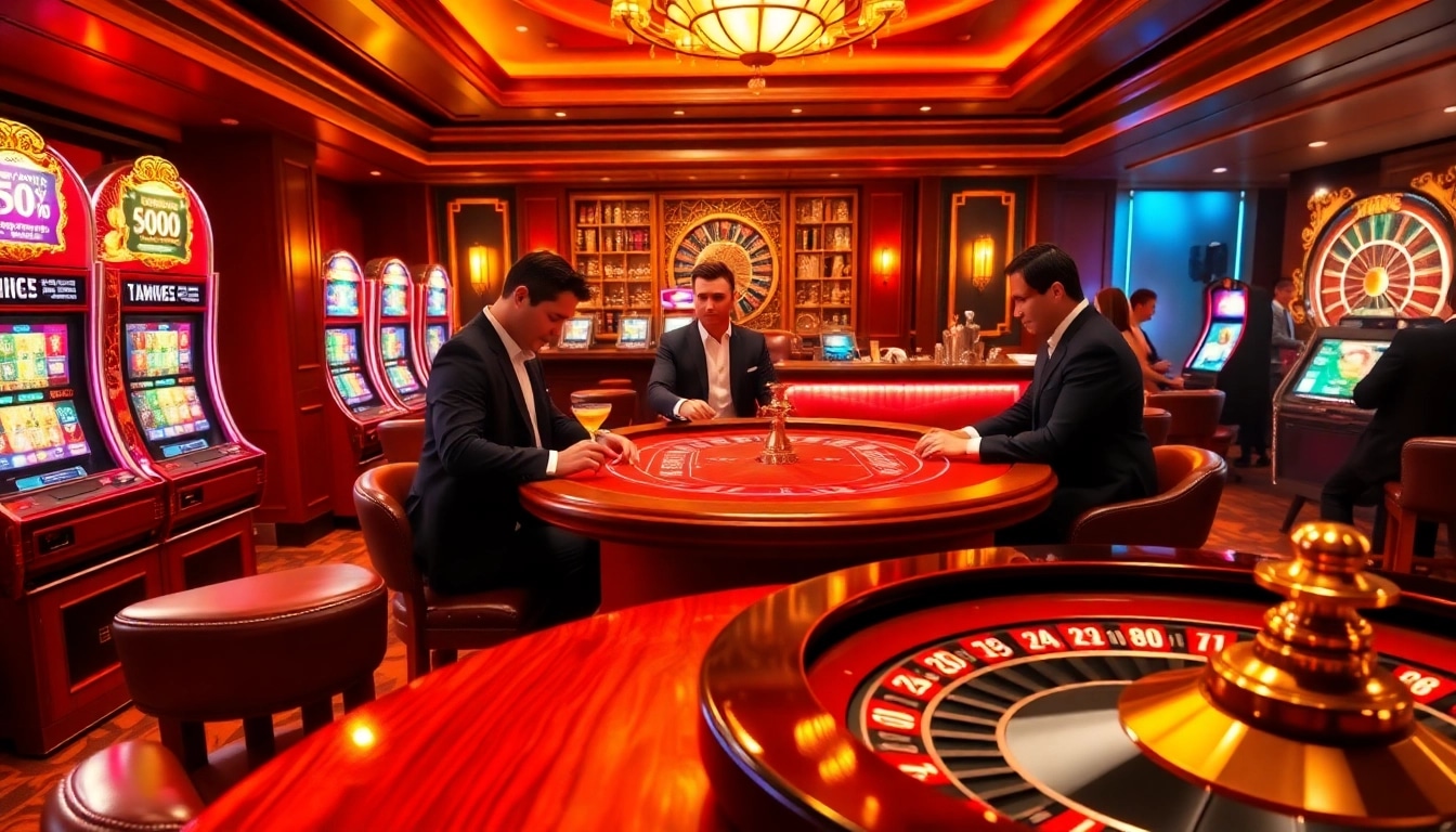 Experience thrilling gameplay at https://sunwin5.org/ with an elegant casino scene featuring intense card games and slot machines.