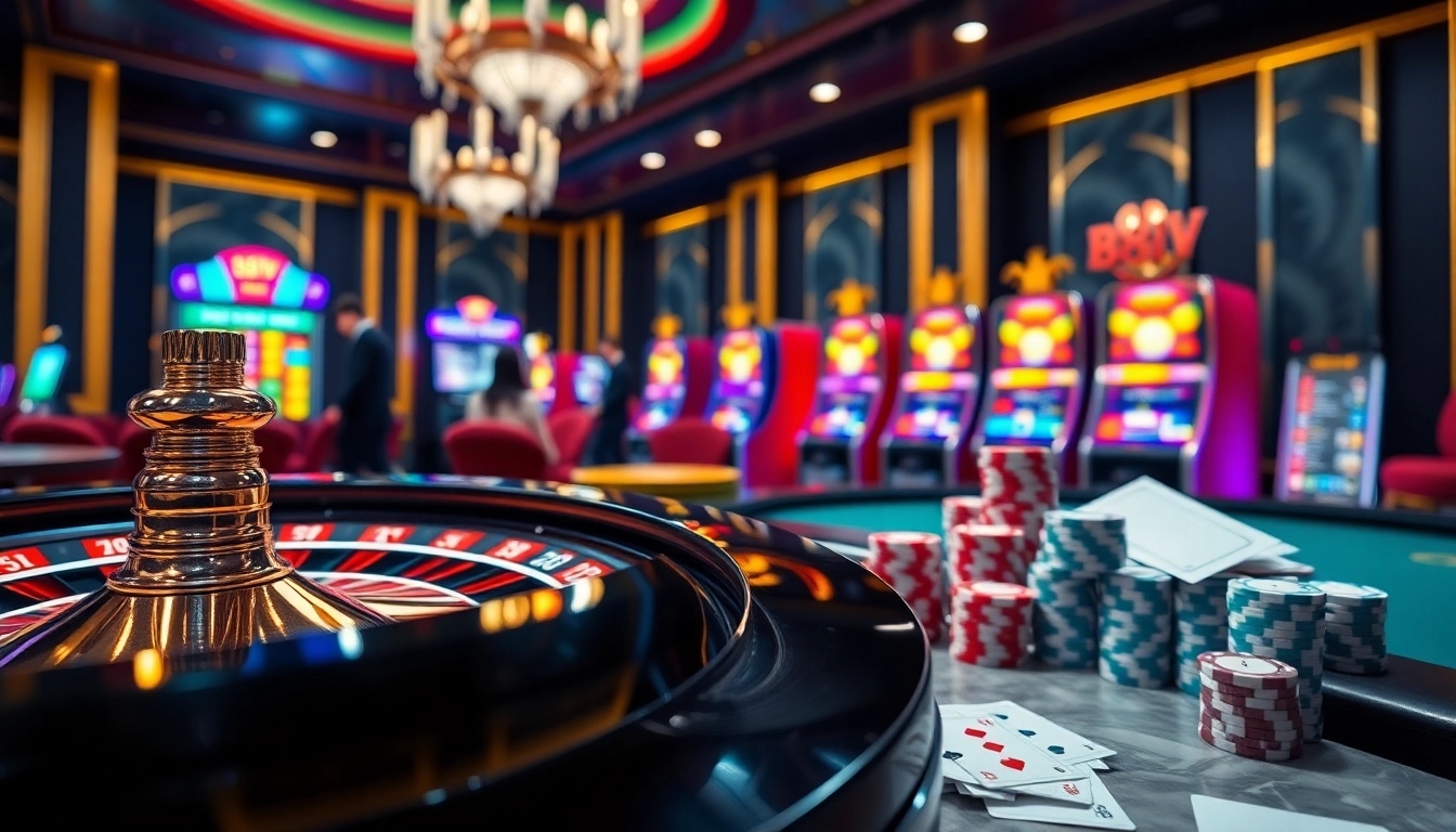 Experience the excitement of online gambling at https://888vv.co.com/ with a vibrant casino scene featuring roulette and poker.