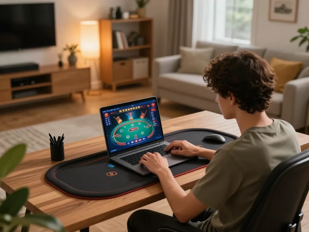 Engaged player exploring exciting games on 88vvgo online casino platform from a cozy home setup