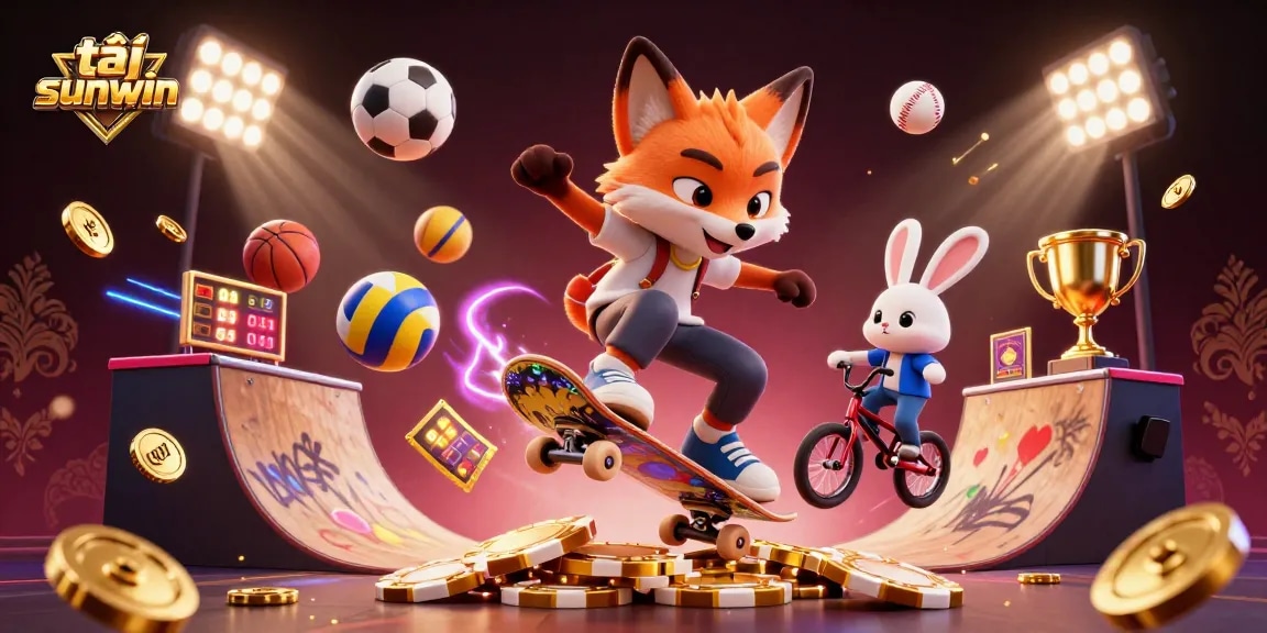 Experience tải sunwin with an energetic scene of a skateboarder fox and BMX rabbit showcasing dynamic casino-themed elements.