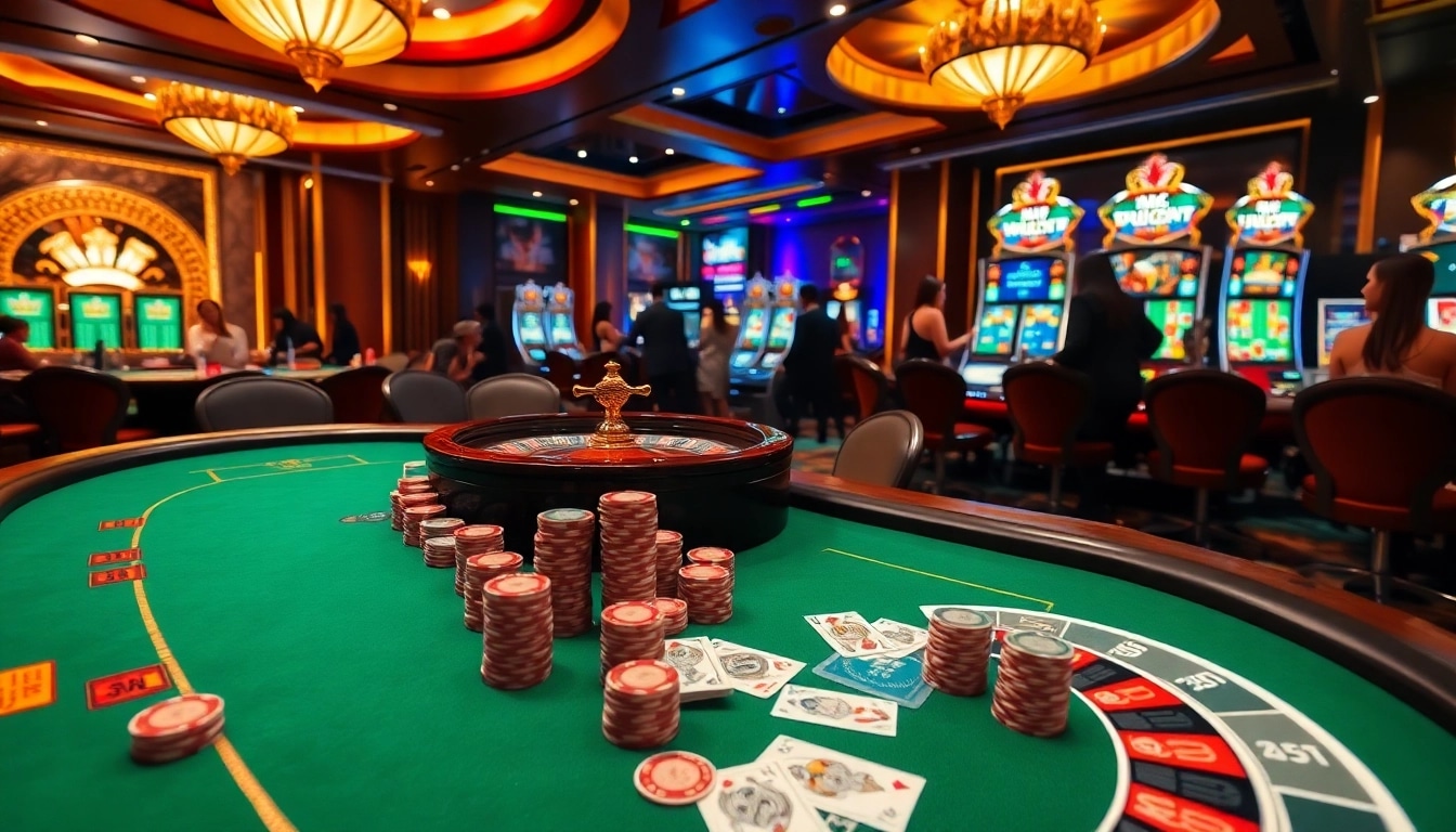 Experience exciting gameplay at nk88 com, featuring vibrant casino tables with poker chips and illuminated slot machines.