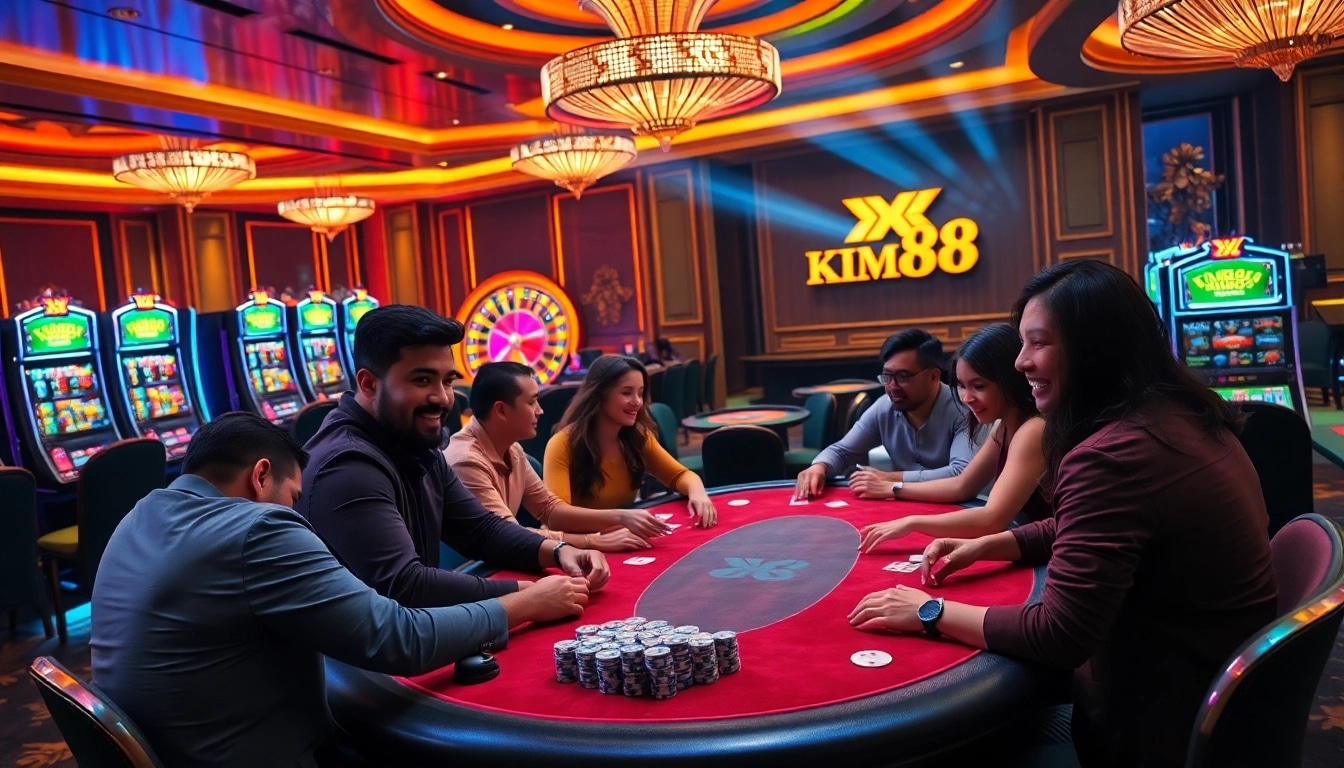 KIM88 players enjoying high-stakes poker and slots under vibrant casino lights.