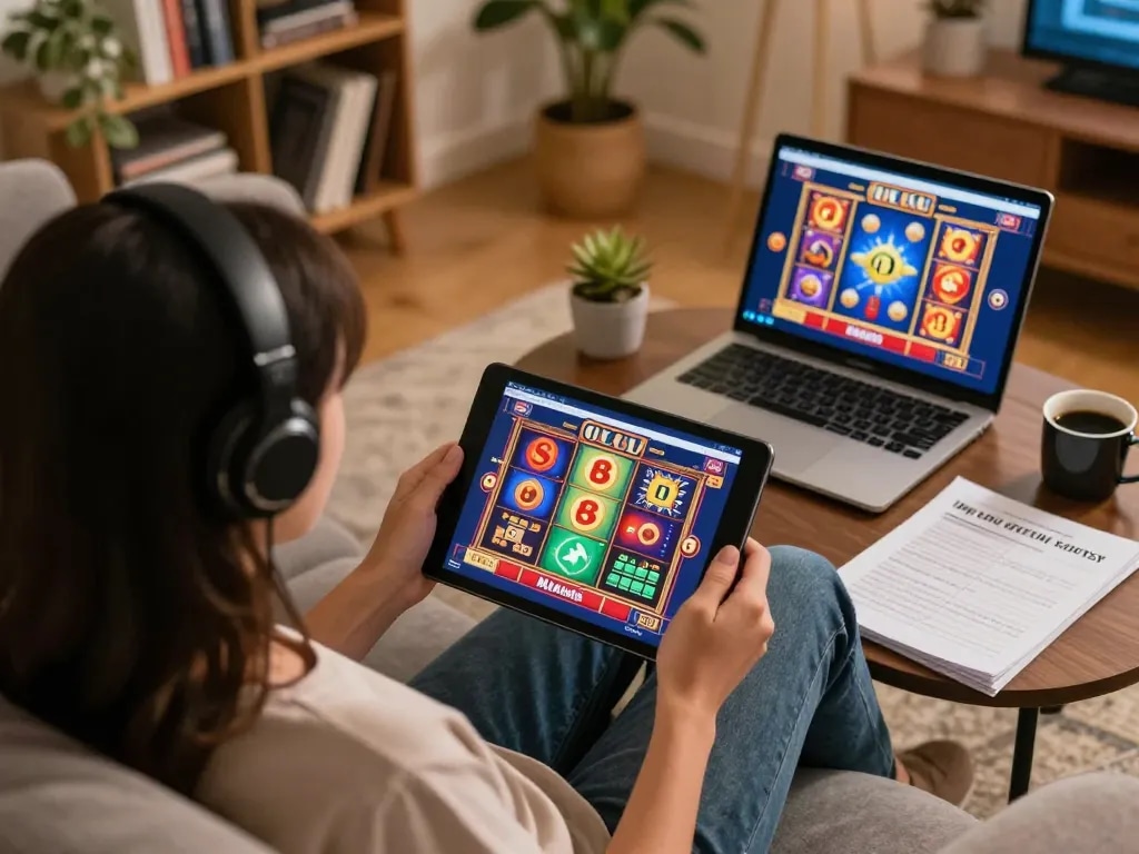 Playing Slot Malaysia online on a tablet in a cozy home setting, showcasing responsible gaming.