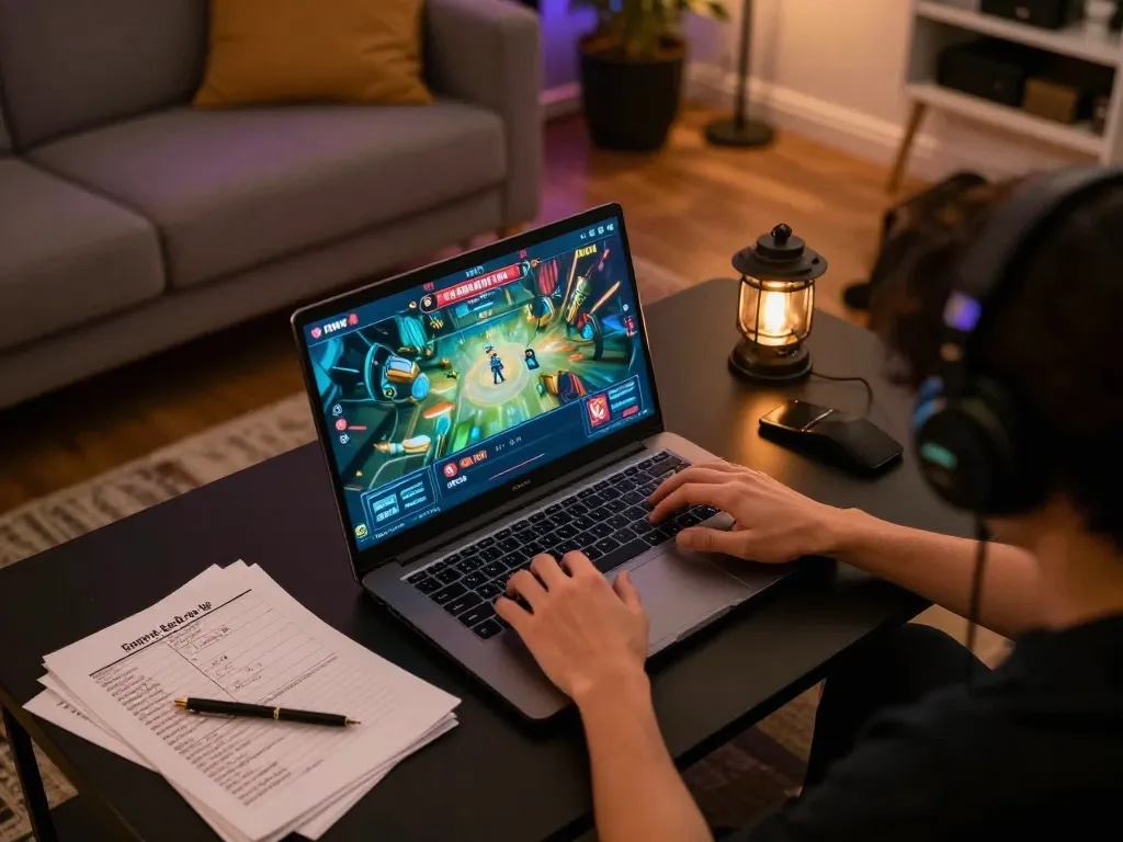 Player enjoying Game bài đổi thưởng on laptop in cozy home setup with strategic notes