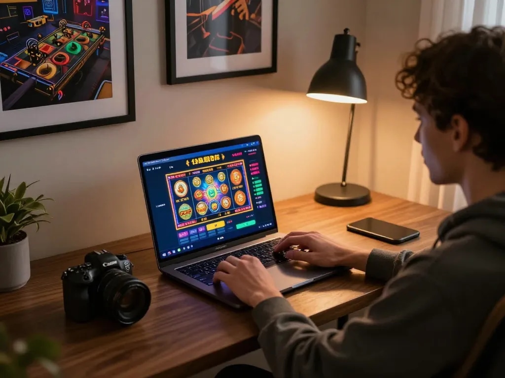 Zowin player enjoying an online casino experience on a laptop at home, highlighting a modern gaming setup