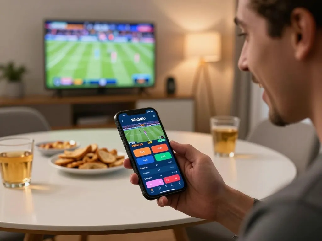 Excited user analyzing sports betting on Winbd.io app in cozy home setting, reflecting strategic engagement.