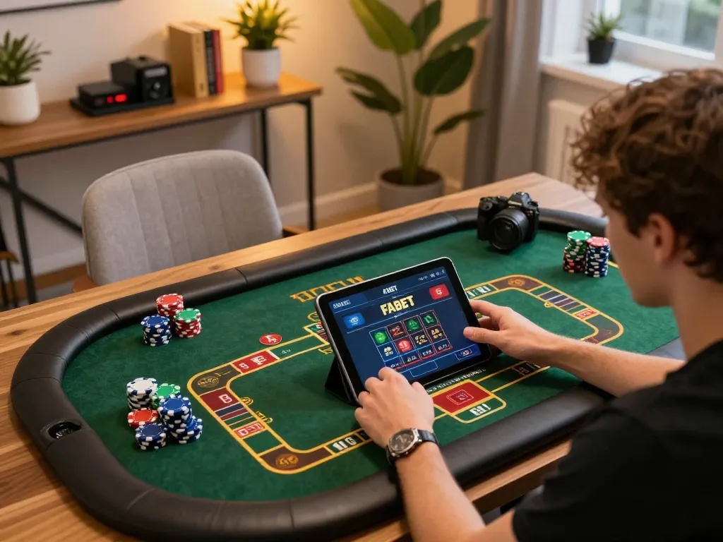 Player enjoying fabet casino app on tablet with colorful poker chips, creating a strategic betting environment.