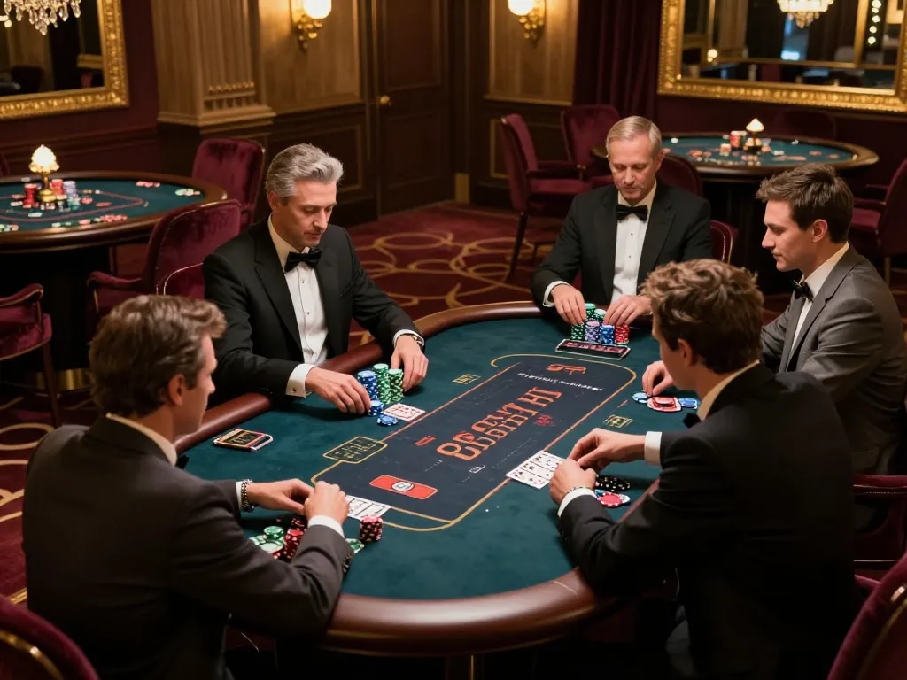 Players engaged at cm88 casino's exclusive poker table in a luxurious high-roller room
