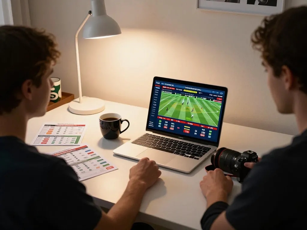 Tracking kết quả bóng đá while placing bets at an online sportsbook on a modern laptop.