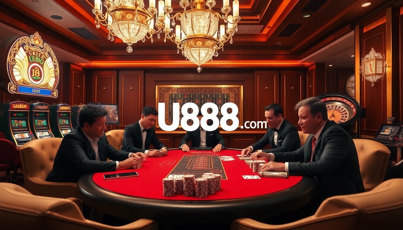 Experience thrilling gaming action with U888. com, highlighted by a luxurious poker table and vibrant casino atmosphere.