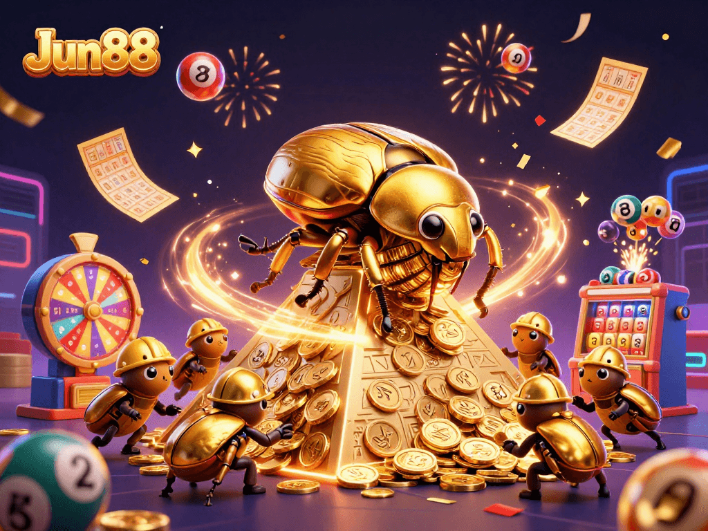Experience Jun88 with colorful bouncing lottery balls and golden coins in a dynamic casino scene.