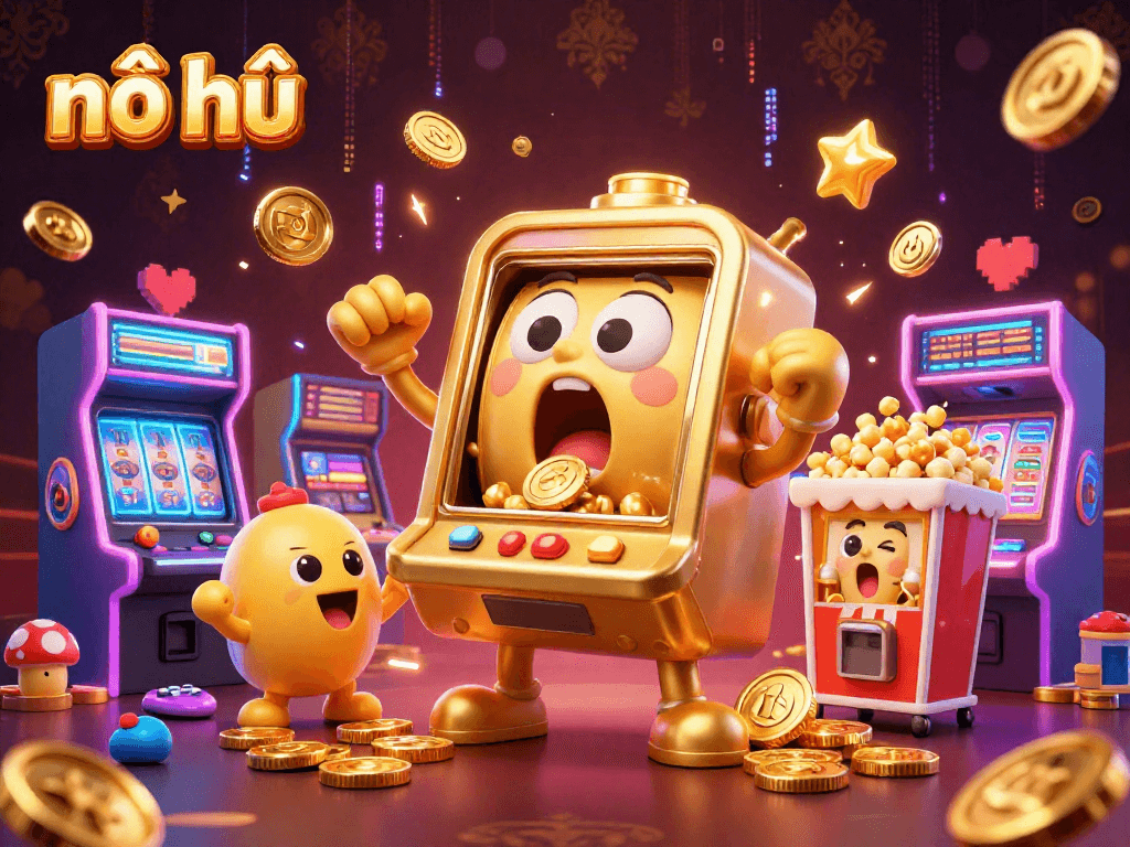 Experience nổ hũ excitement with a golden slot machine hitting a jackpot and cheering companions.