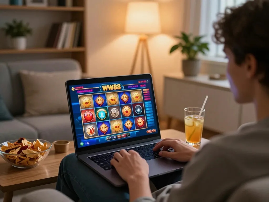 Engaging with WW88's online slot games on a cozy living room setup, showcasing comfortable home gaming.