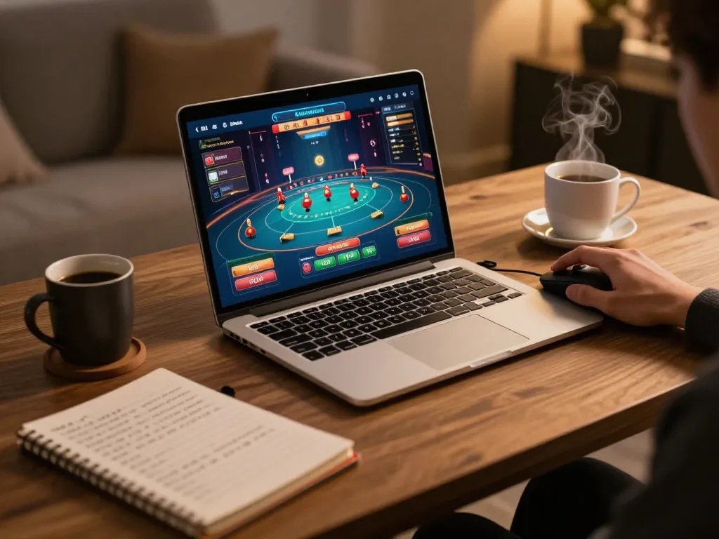 Hitclub player enjoying an online casino game setup with strategic notes nearby.