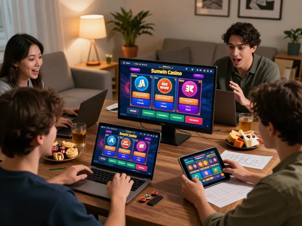 Players enjoying an engaging sunwin online casino experience with laptops in a cozy, vibrant atmosphere.