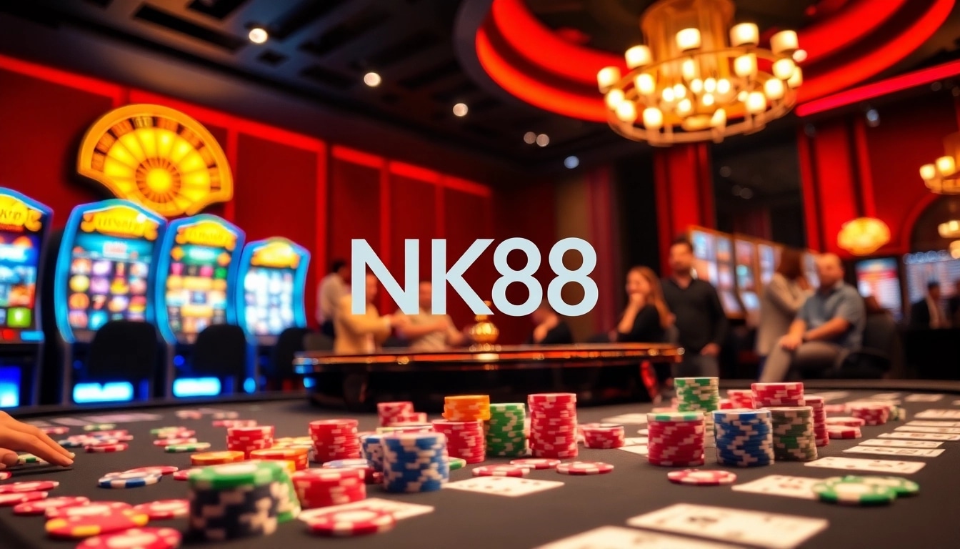 NK88 casino scene featuring vibrant games with poker chips and roulette wheel excitement