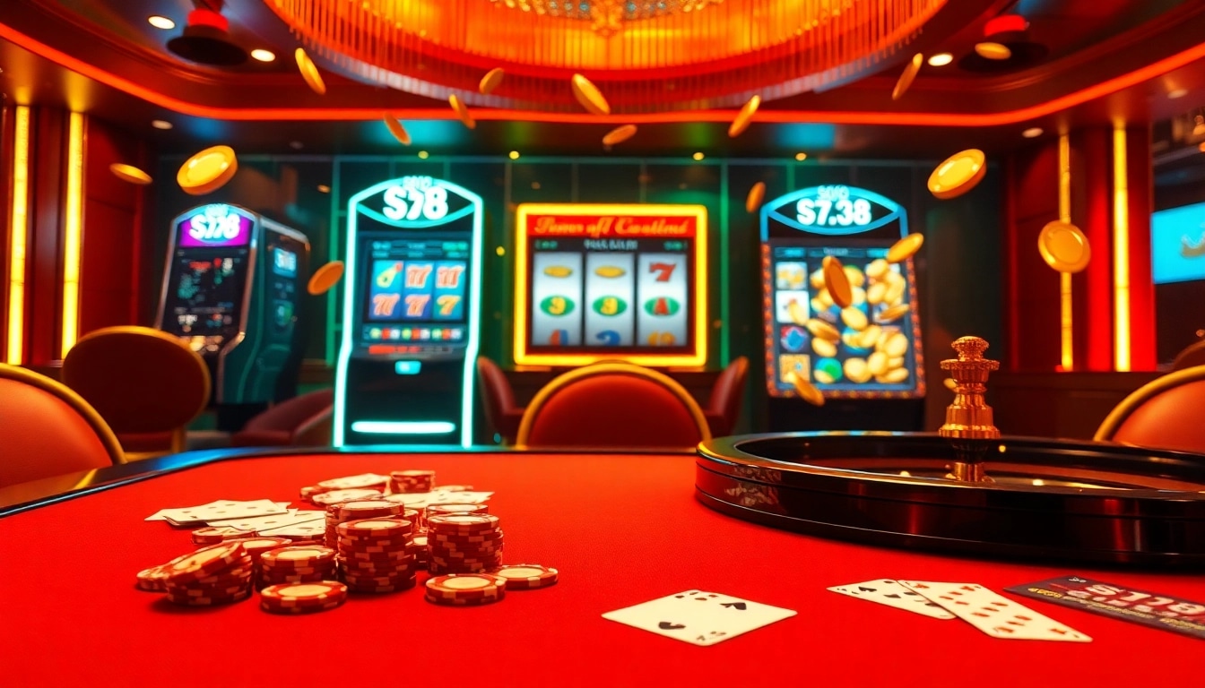 S8 casino table showcasing vibrant poker chips and roulette wheel in a luxurious atmosphere.