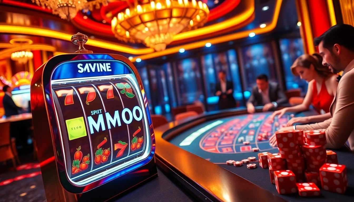 Players enjoying the excitement of MMOO-branded slot games in a luxurious casino atmosphere.