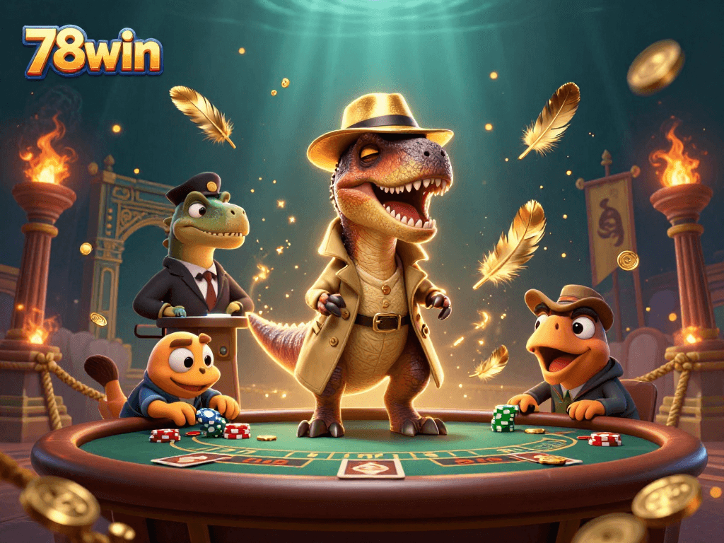 Experience thrilling action at 78win casino with a velociraptor card counter and pit boss in a vibrant scene.