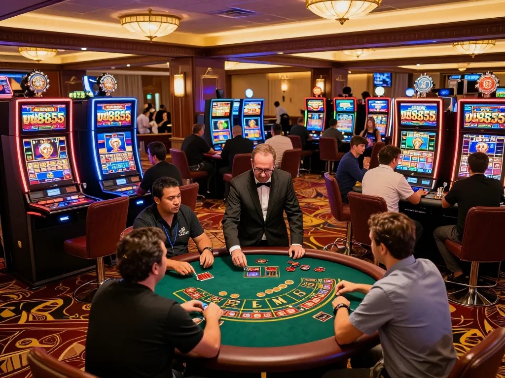 Play at uu8855's exciting casino with vibrant slot machines and engaging table games, lively atmosphere.