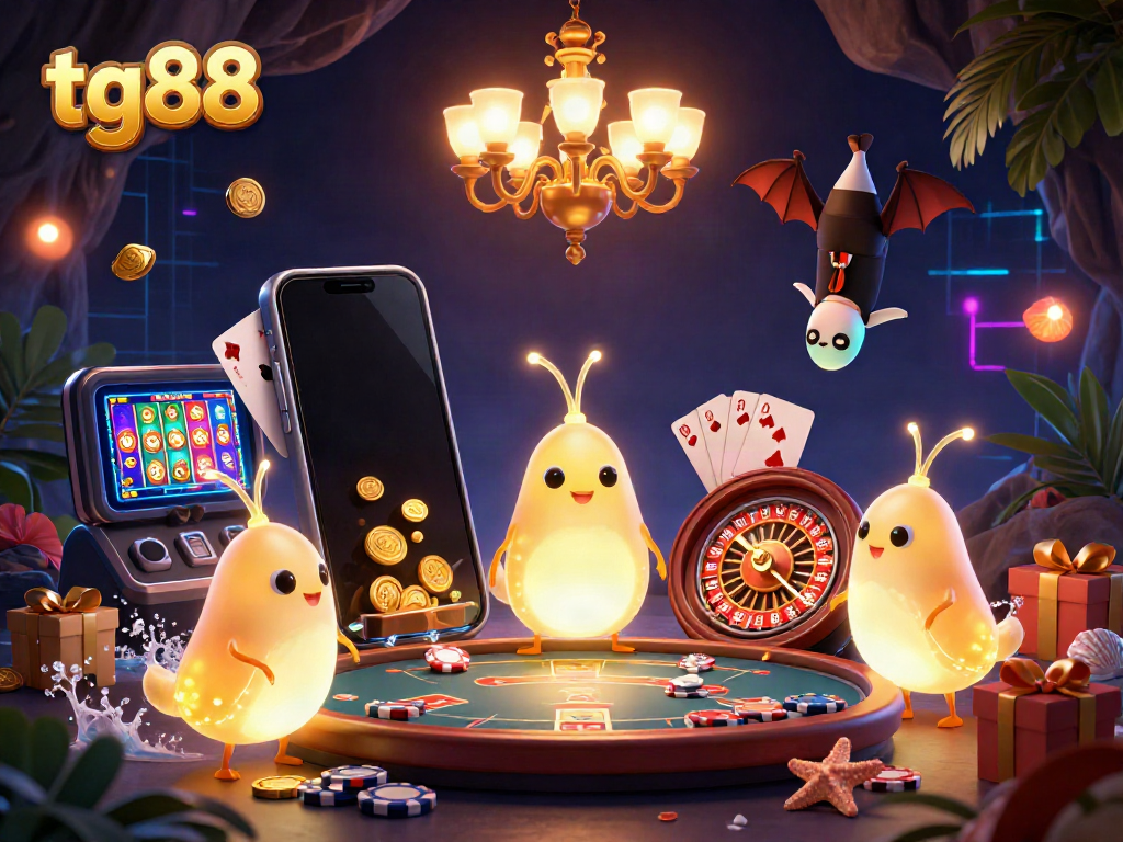 Light up your gaming experience at tg88 with an exciting casino scene featuring glowworms and dynamic games.