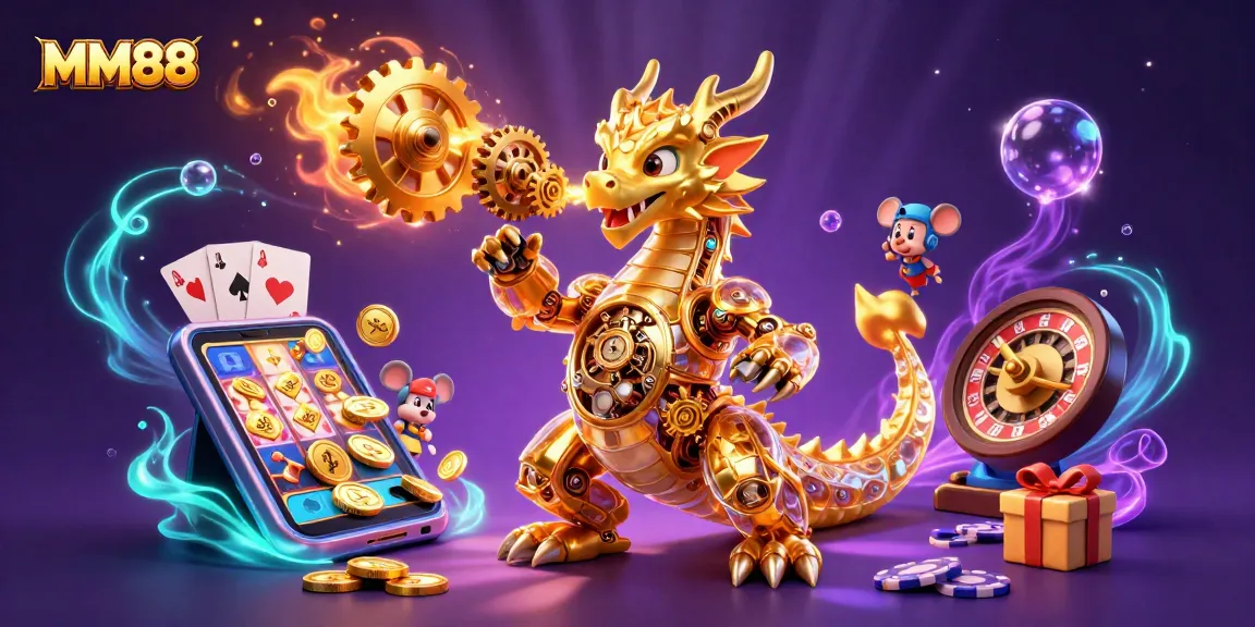 Experience thrilling moments at MM88 with a dynamic scene of a golden dragon breathing cogs and gears amidst gaming elements.