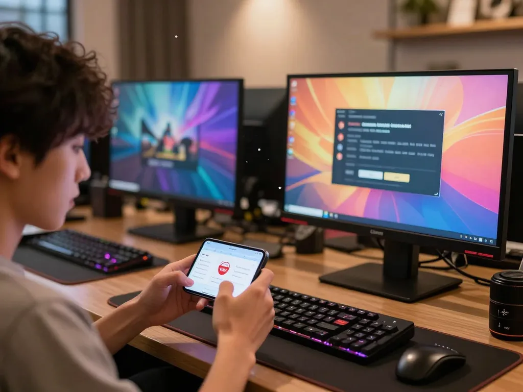 Engaging gamer accessing link vào hello88 app on smartphone in a cozy home setup.