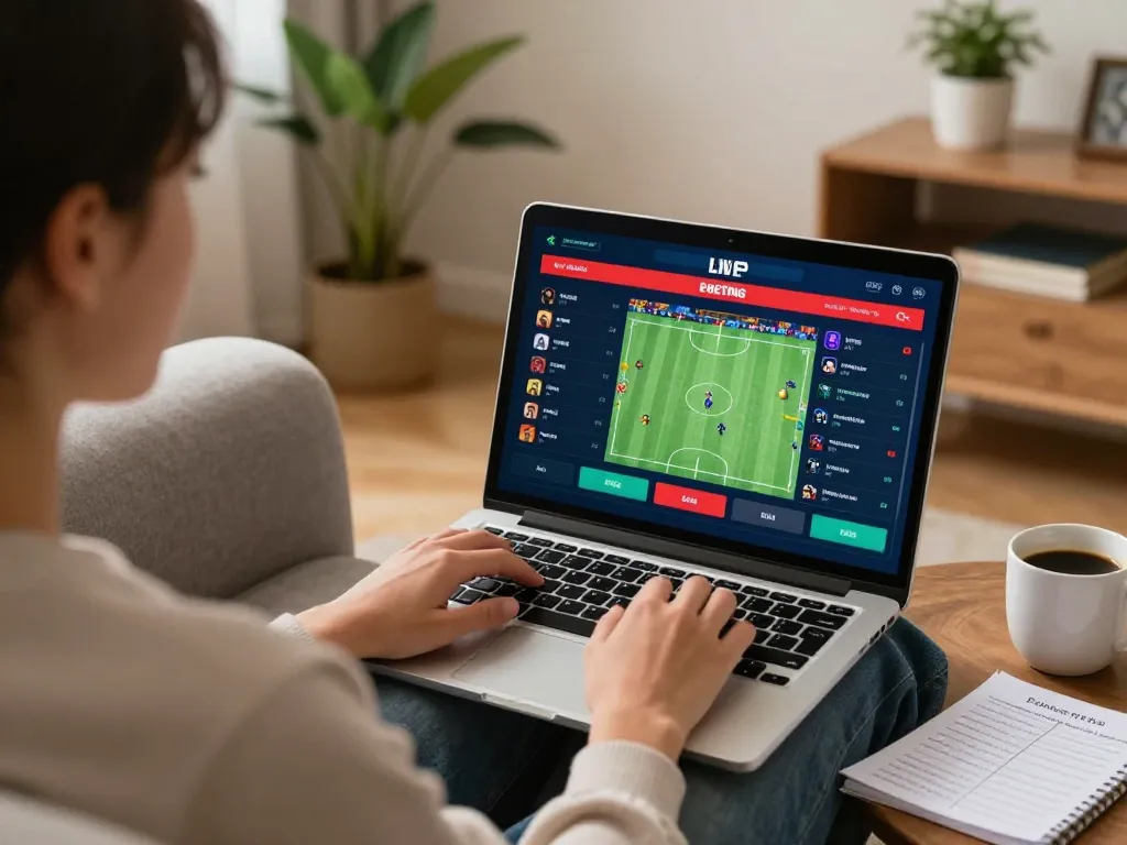 Engaging online gambling experience with keo nha cai displayed on the laptop during a casual home setting.