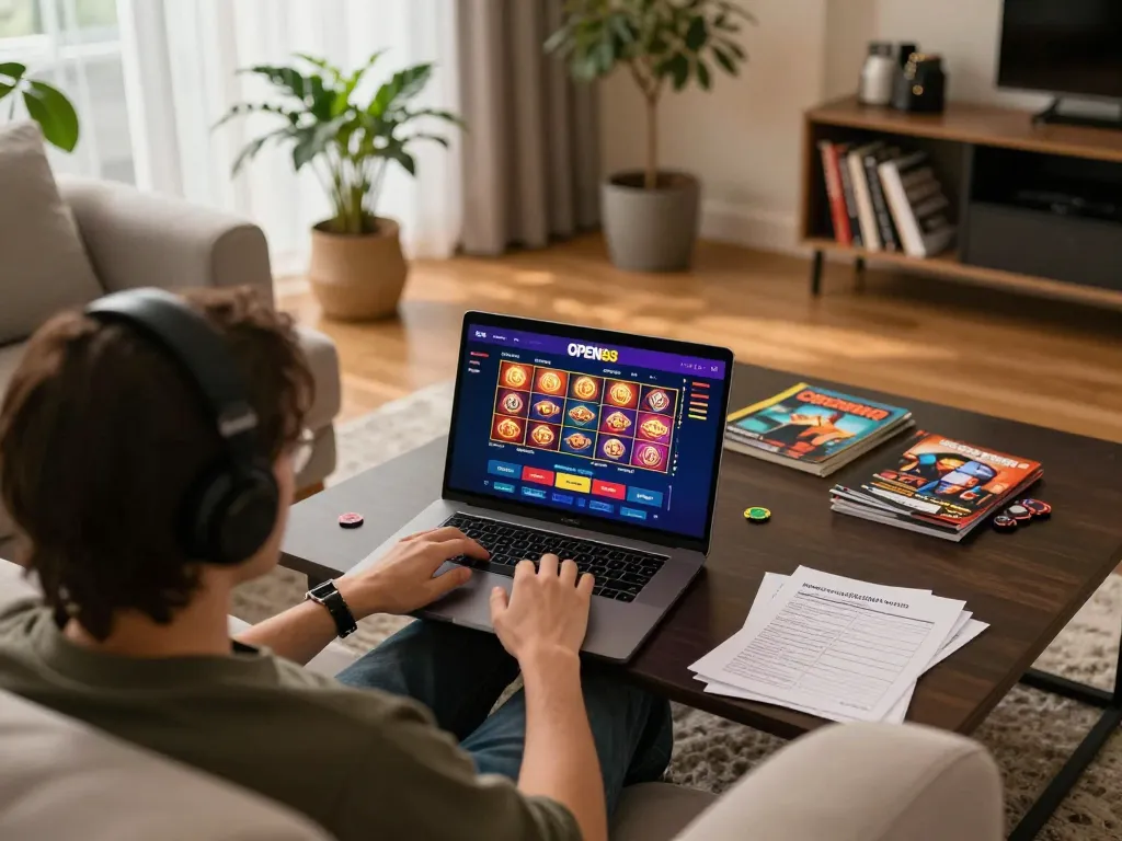 Enjoying an engaging gaming session on OPEN88 with a sleek laptop in a cozy living room