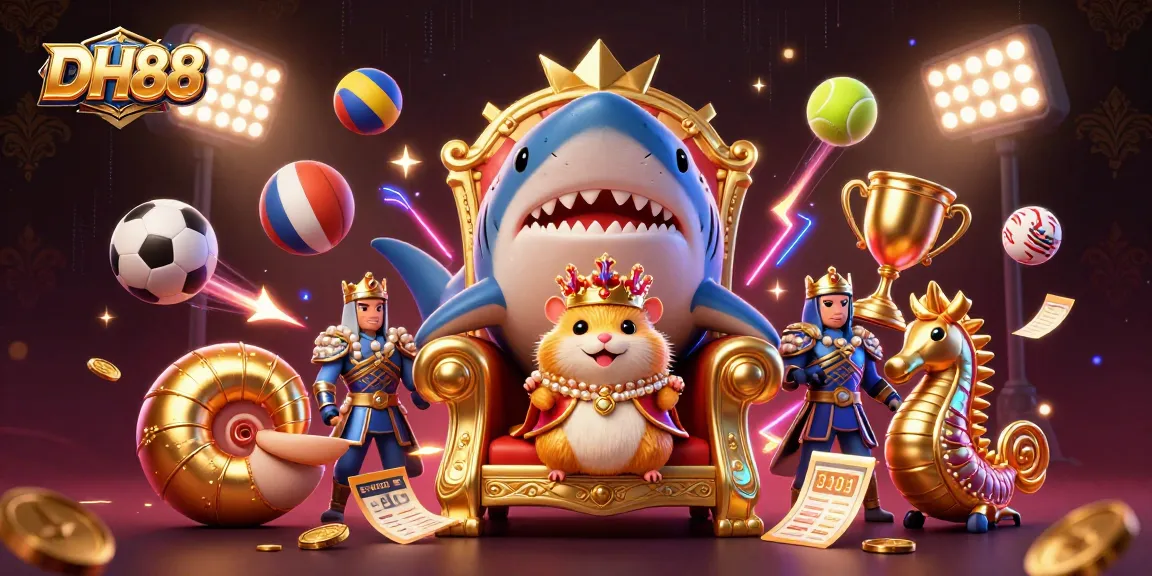 Bet big with DH88 in a rich casino scene featuring a hamster king and dynamic sports elements.