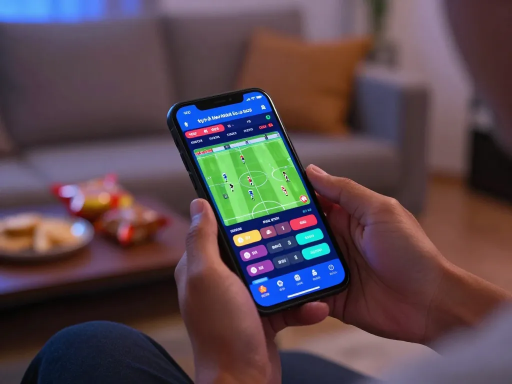 Engaging user analyzing tỷ lệ kèo nhà cái 5 on smartphone in a cozy living room setting