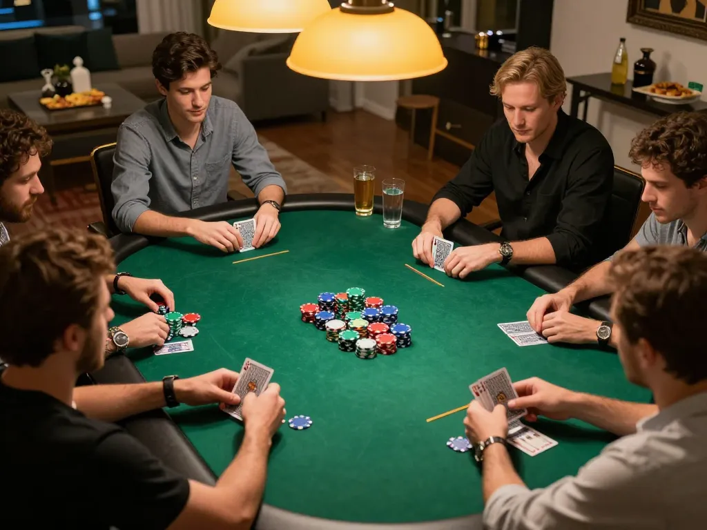 Friends enjoying a poker night at home, showcasing gaming strategy and fun with 58win atmosphere.
