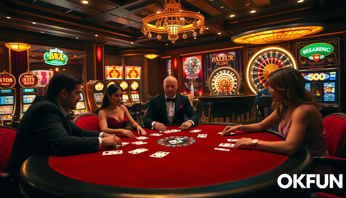 OKFUN players enjoying a thrilling game at a glamorous casino table with vibrant colors.