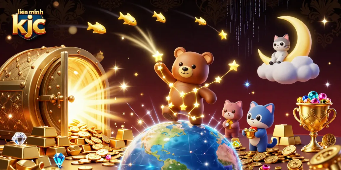Join the adventure with liên minh kjc as the constellation bear scoops coins from Earth in a vibrant scene.