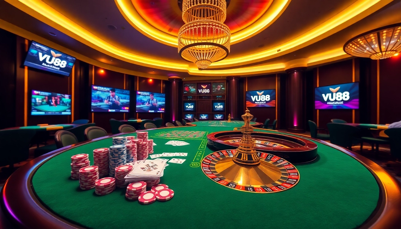 Experience the vibrant energy of VU88 with an elegant portrayal of casino gaming and excitement.