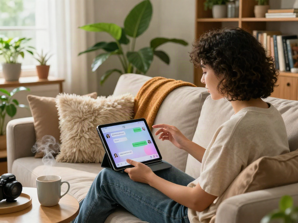 Engaging moment with an AI girlfriend on a tablet in a cozy home setting, showcasing modern romance in 2026.