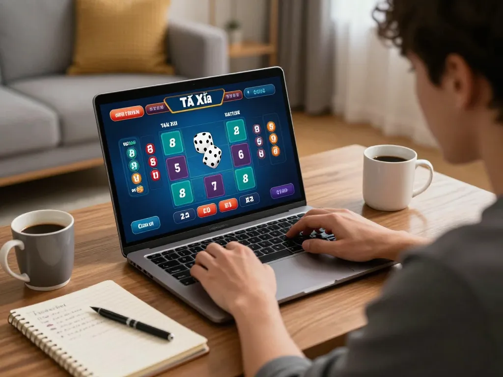 Tài Xỉu gameplay on a laptop in a cozy home setting, embodying strategic and responsible gaming.