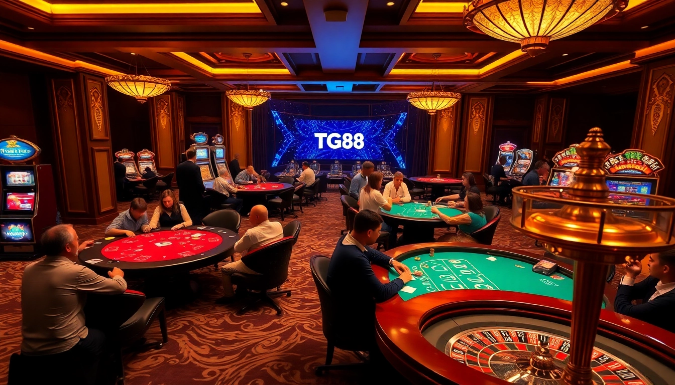 Exciting gambling scene at TG88 with poker tables, slot machines, and vibrant roulette wheels.