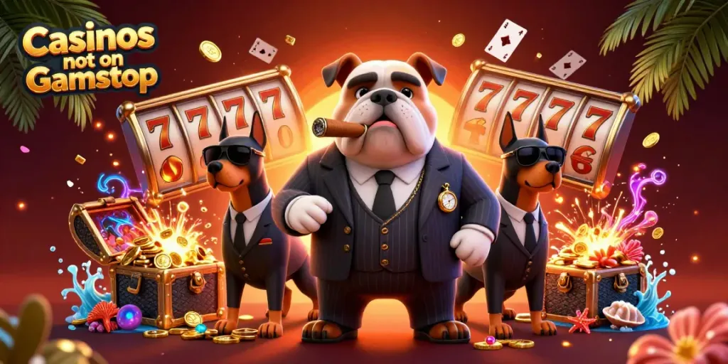 Engage with Casinos not on Gamstop through an action-packed casino scene featuring a bulldog mafia boss and dynamic gaming elements.