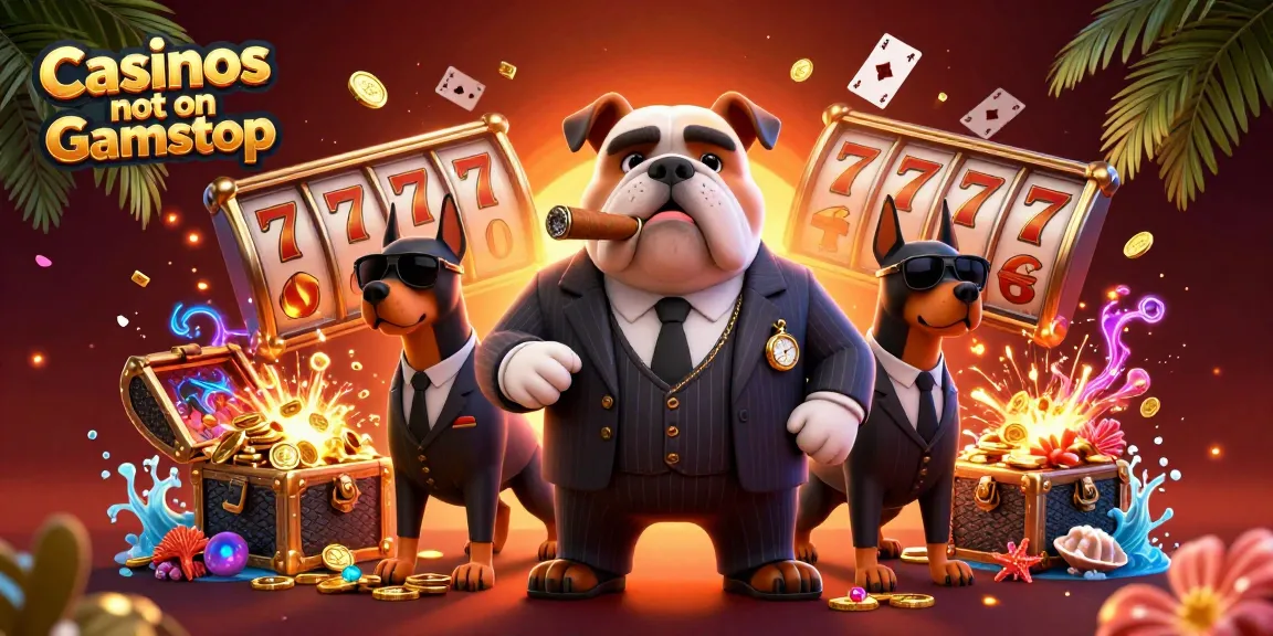 Engage with Casinos not on Gamstop through an action-packed casino scene featuring a bulldog mafia boss and dynamic gaming elements.